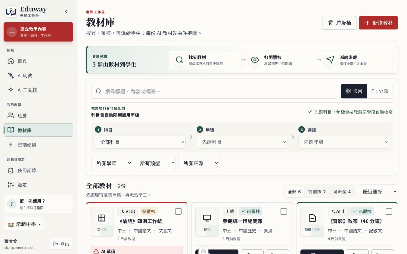 Eduway 教材庫真實畫面,顯示待覆核及可派發教材