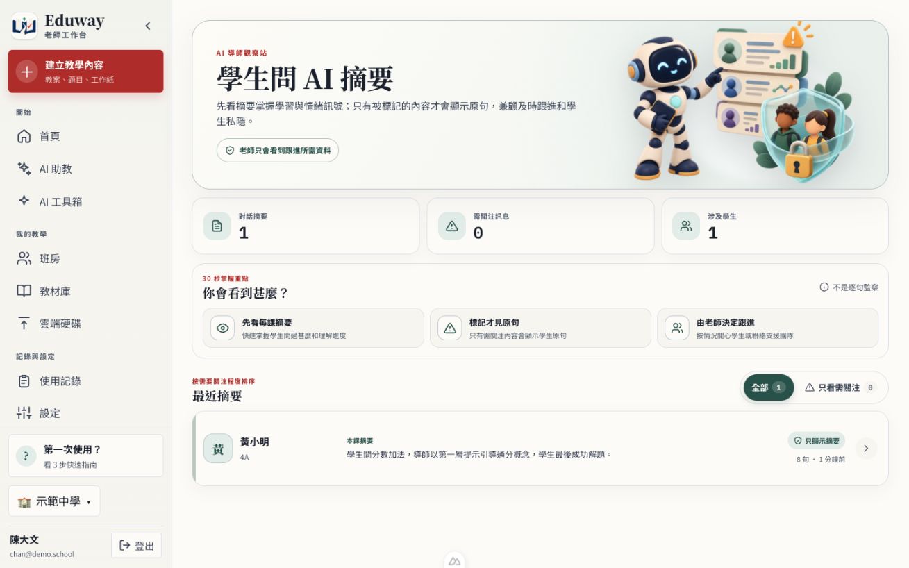 Eduway 學生問 AI 摘要實際產品畫面,顯示摘要與私隱原則